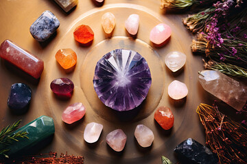 Fototapeta na wymiar A crystal grid for manifestation and healing. Colourful shining crystals.