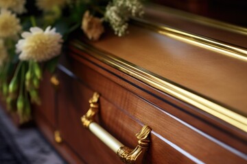 close-up of a simple wooden coffin with brass handles