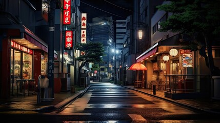 Asian japanese chinese city street view by night with beautiful lights sign and neon reflecting on wet floor, reworked and enhanced ai generated mattepainting landscape - obrazy, fototapety, plakaty