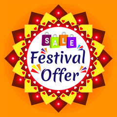 Sale Festive Offers Banner, Discounts Sticker, Template of Sale offer, Greeting Card Template, Icon, Poster. Vector Illustration with orange background. 