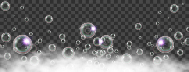 Air bubbles on a transparent background. Soap foam vector illustration.	

