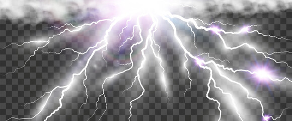 Realistic lightning. Flash of thunder on a transparent background.	

 - obrazy, fototapety, plakaty