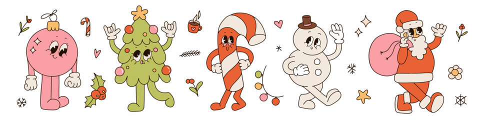 Groovy hippie Christmas retro cartoon characters set. Ball, Santa Claus, Christmas tree, candy cane, snowman in trendy 70s vintage style. Toon mascots and elements. Contour vector illustration.