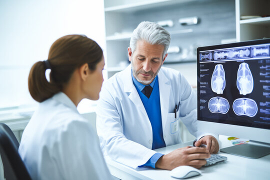 Proficient Neurologists Examining Amyotrophic Lateral Sclerosis Brain Scans on Computer Monitor