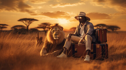 Africa Travel Lion and Man - obrazy, fototapety, plakaty