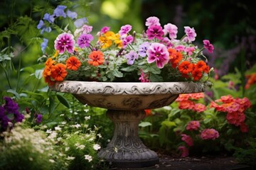 Fototapeta na wymiar an ornate birdbath surrounded by flowering plants