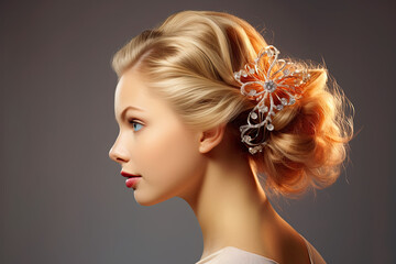 close up of crystal hairpins in the hair