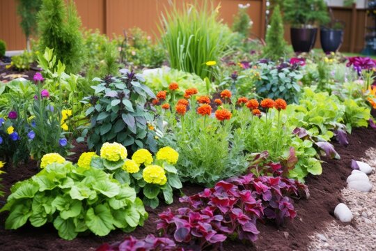 a mulch covered flower bed with robust perennials
