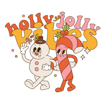 Christmas groovy sticker for tee print. Congratulatory text Holly Jolly vibes with snowman and candy cane characters and design elements on a festive theme. Contour vector illustration.