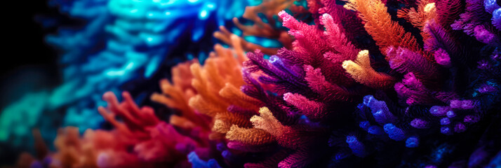 Fototapeta na wymiar colorful high detailed macro image of sea corals, vivid multicolor textured wallpaper background of sea life corals reef