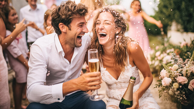 Happy romantic young couple, a man with a glass of champagne and a woman with a bridal bouquet, celebrates their wedding