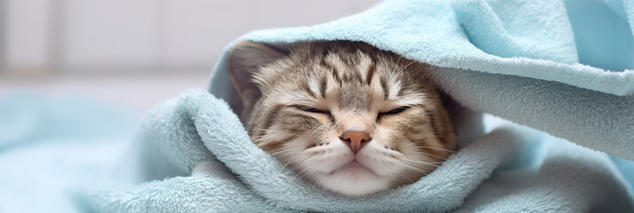 banner happy wet cat wrapped in blue towel after bath at home, kitten washed, cute kitten, goods for treatment for domestic pets, grooming salon. - obrazy, fototapety, plakaty