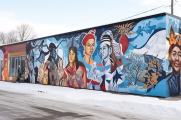 a multicultural mural tainted by monochromatic paint