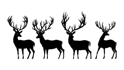 Deer, Elks in Different Poses in Black Silhouette on White Background. Vector
