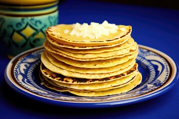 a stack of corn tortillas on a blue ceramic plate