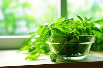 a bowl of fresh mint leaves by a windows daylight