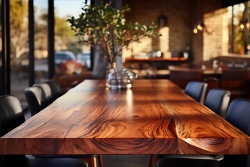Table vide pour montage photo de restaurant, belle table en bois massif avec une jolie plante en bout de table - obrazy, fototapety, plakaty