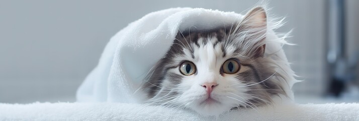 banner happy wet cat wrapped in white towel after bath at home, kitten washed, cute kitten, goods for treatment for domestic pets, grooming salon. - obrazy, fototapety, plakaty