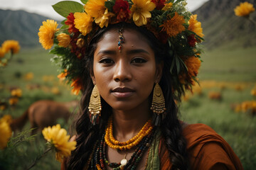 Portrait of a village girl with flowers.