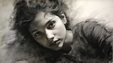 Charcoal on Textured Paper with young female photography