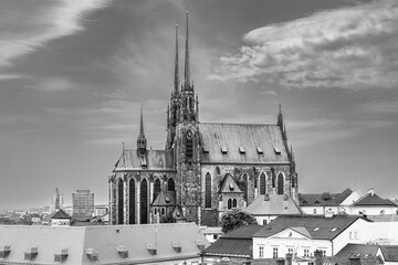 Fototapeta na wymiar Brno, Moravia, Czech Republic: City skyline with the gothic medieval cathedral of St. Peter and Paul located on Petrov hill in black and white