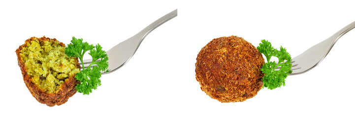falafel ball on a fork isolated on a white background with full depth of field