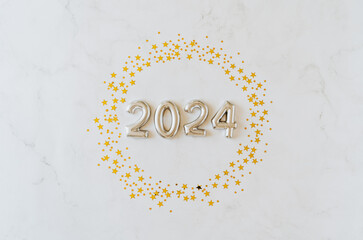 Greeting card - happy new year with numbers 2024 in gold glitter Christmas frame on white background.