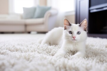 a siamese cat lying on a fluffy white carpet - Powered by Adobe