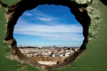 chain-link fence with hole against a skyline