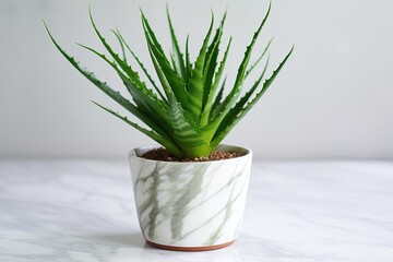 a potted aloe vera plant on a marble surface