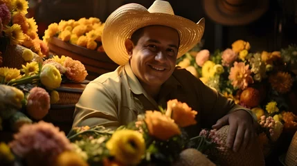 Fototapeten Latino male in a flowers market smiling, wearing a hat, young, close-up portrait © Agustin A