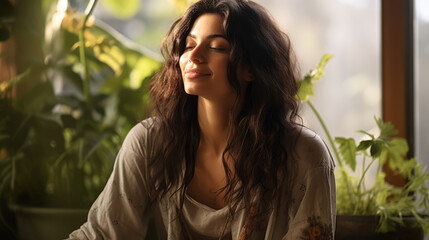 Fototapeta premium Yoga Oasis: Serene Woman Finds Tranquility Surrounded by Plants and Soft Lighting