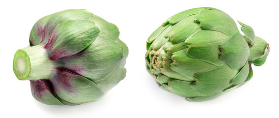 Naklejka premium Fresh Artichokes isolated on white background closeup. Artichok creative layout.