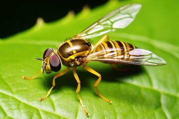 a close-up of a beneficial hoverfly on a leaf