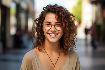 Urban Elegance Smiling Young Brunette in Eyeglasses Poses Amidst a Beautiful Cityscape, Gazing Confidently at the Camera. created with Generative AI