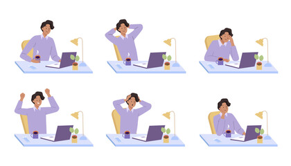 Man at the desktop with different emotions. Successful, happy, upset, sad, angry, professional stress worker in the office at the computer