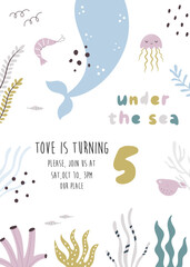 Birthday party, celebration invitation template with cute mermaids and sea animals