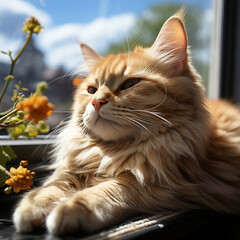 Ginger Tabby's Window Gaze Amidst Orange Blooms,cat on a window sill