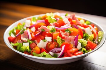 close-up of a fresh vegetable salad with lean meats