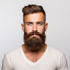 Obraz premium full face closeup portrait of a brutal man with a beard and mustache, brunette, young handsome guy on a white background