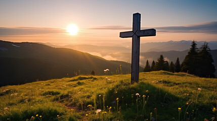 cross on the top of mountain, spring field and hills 