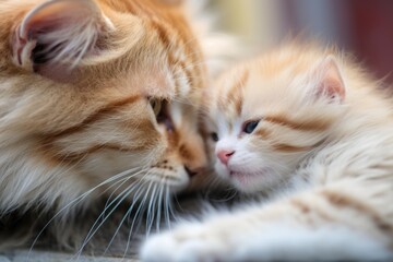 macro shot of kittens paw near mother cat grooming herself