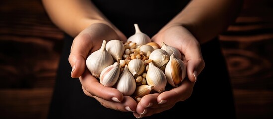 Woman holding delicious garlic cloves With copyspace for text