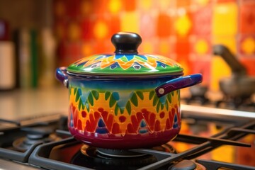 a colorful ceramic pot on a gas stove