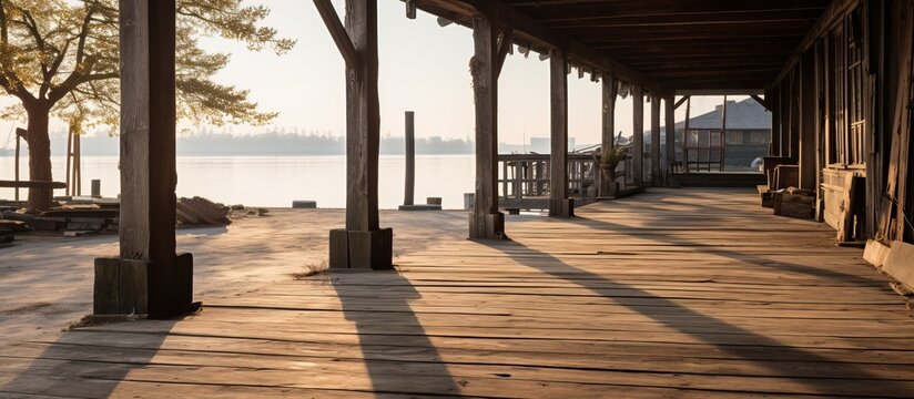 Ancient architectural structures with a wooden terrace pier access and roof supporting pillars in a warehouse