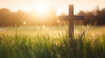 cross in the mountains, spring, sunrise