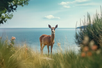 Gentle Gaze: A Deer Amidst the Wilderness,deer in the grass,deer in the wild