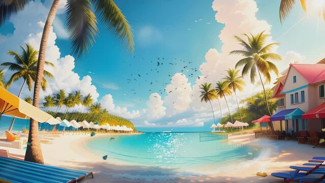 tropical island with palm trees, beach and resort. Cartoon or anime illustration style. seamless looping 4K time-lapse virtual video animation background.