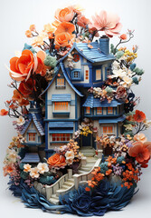 Naklejka premium Victorian House in a Floral Wonderland,Decorative model of pocket house with flowers