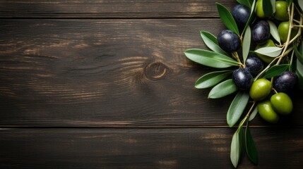 Green and black olives with leaves on a wooden background.